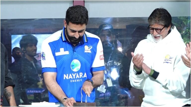 Abhishek Bachchan celebrates 49th birthday with dad Amitabh during ISPL match