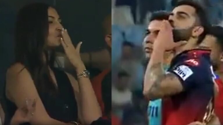 Anushka Sharma blows kisses and smiles as Virat Kohli expresses his love for her and celebrates after RCB’s win. Watch | Bollywood